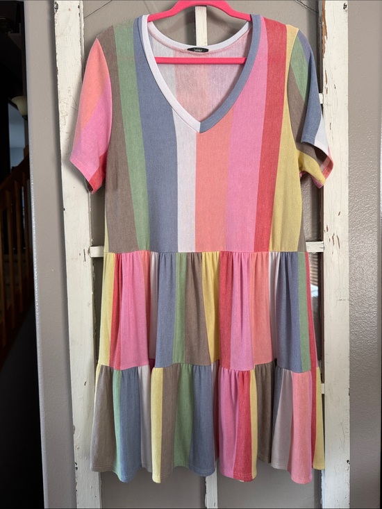 JODIFL Dresses & Skirts - JODIFL Pastel Multicolor Vertical Stripe Tiered V-Neck Dress